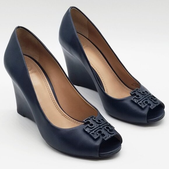 Tory Burch Shoes - Tory Burch Melinda Peep Toe Wedges Pump Size 7M Navy Blue Leather 3.5" Heel $395